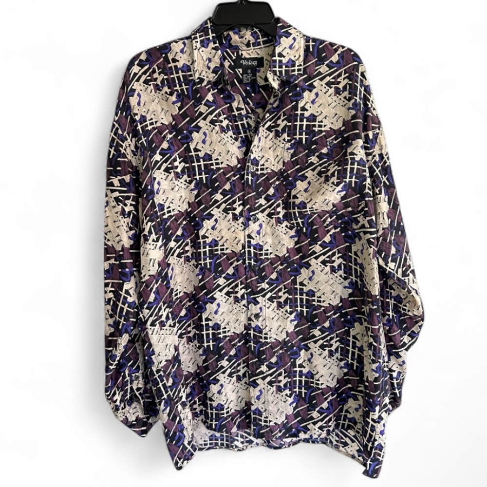 VINTAGE VOLARE 100% Silk Abstract Geo Blouse Oversized Lagenlook Art Wear Size M